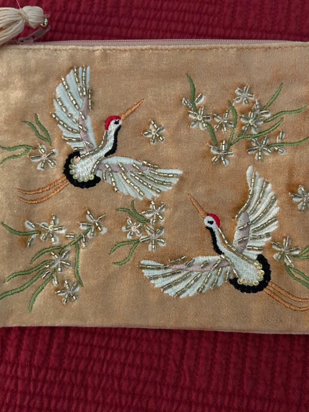 PINK VELVET JEWELRY BAG WITH TASSEL, EMBROIDERED, BEADED BIRD DESIGN
